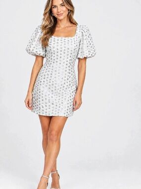 NWT Blue B Collection Sz S White Metallic Silver Star Puff Sleeve Mini Dress $56